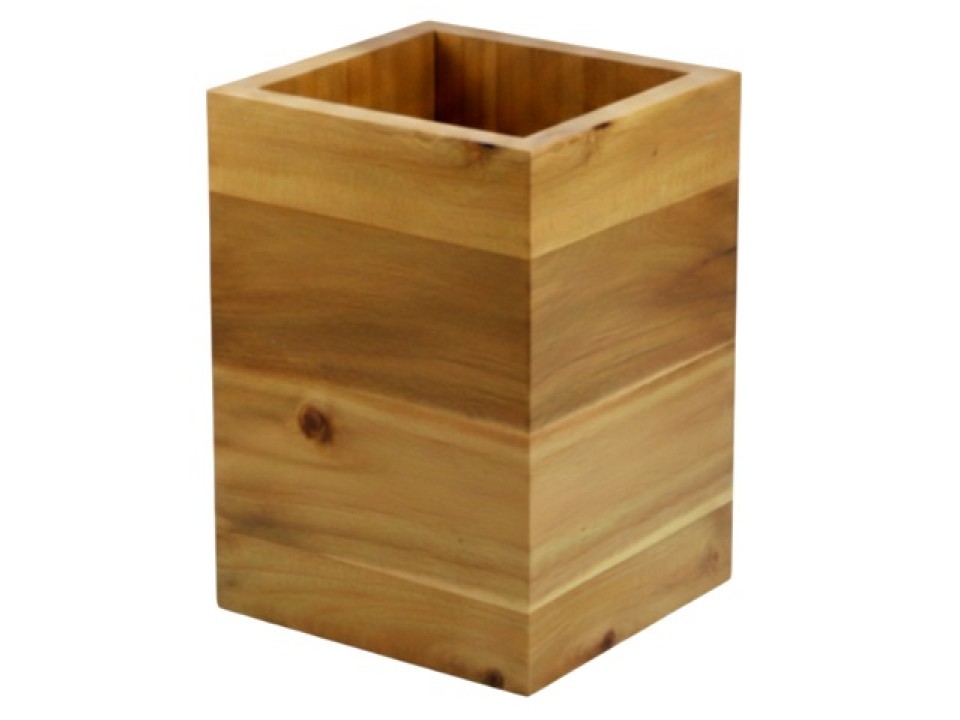 Acacia Wood Square Pencil Holder - Natural Desk Organizer